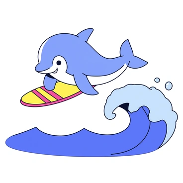 A cartoon dolphin with a shiny blue body jumps out of a wave. The dolphin has a big, cheerful smile and large, expressive eyes. It rides a small, brightly colored surfboard that is yellow with red stripes. The wave is a stylized, curling blue shape, splashing water droplets that twinkle in the sunlight. The background is a clear blue sky, emphasizing the playful nature of the scene.