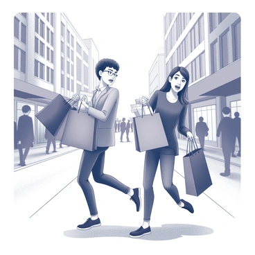 Two people casually bump into each other on a bustling city street. Each person is holding multiple shopping bags, filled to the brim with various items. The street is busy, with other pedestrians moving past, and tall buildings lining the sides. Both individuals have surprised expressions, reflecting the sudden encounter amidst the lively atmosphere of the city. Their bags are adorned with recognizable store logos, and the ground is textured with pavement, adding to the urban scene.