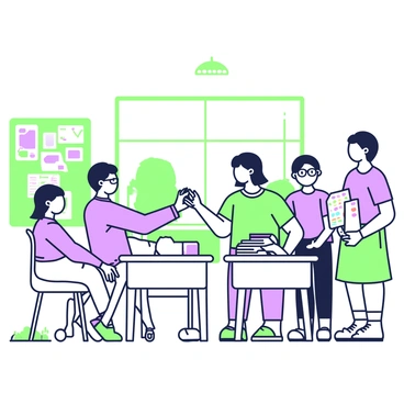 In a classroom filled with desks and chairs, several students are actively exchanging items. One student with glasses is handing a green pencil to another student who is smiling and holding a sheet of colorful stickers. Nearby, a third student is looking at a small stack of notebooks, deciding which one to trade. On the left side, there is a bulletin board showcasing various student projects, and in the background, a large window lets in natural light, illuminating the scene. A teacher is observing the interactions from a distance, standing at the front of the room.