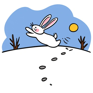 A white rabbit with fluffy fur and long ears is leaping gracefully across a vast snowy landscape. The sun is shining brightly, casting soft shadows on the glistening snow. As the rabbit jumps, it leaves a distinct trail of small paw prints behind it, leading across the untouched white surface. In the background, the scene is dotted with bare trees and a clear blue sky, enhancing the wintery atmosphere.