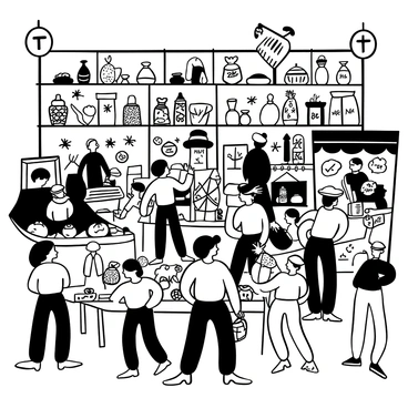 A crowded market scene with numerous vendors displaying a variety of spices in colorful sacks. Stalls filled with fresh fruits, such as apples, oranges, and bananas, are arranged neatly. Handcrafted goods, including pottery and woven baskets, are showcased prominently on tables. Customers are interacting with vendors, picking up items and inspecting them closely. Numerous market signs with product names are hanging from the stalls. A vibrant atmosphere is created by the arrangement of goods and the movement of people throughout the market.