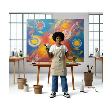 An artist with medium brown skin and curly hair stands in a bright, spacious studio. She is wearing an apron splattered with paint and holds a brush in one hand. On the canvas in front of her, vibrant colors swirl together, creating an abstract representation of the complexities and implications of an executive order. The paint is applied in bold strokes, with hints of deep blues, fiery reds, and bright yellows blending together. Various symbols, such as chains, doves, and gears, emerge from the chaos, representing the order's impact on society. The studio is filled with scattered paint tubes and brushes, with a large window letting in natural light.