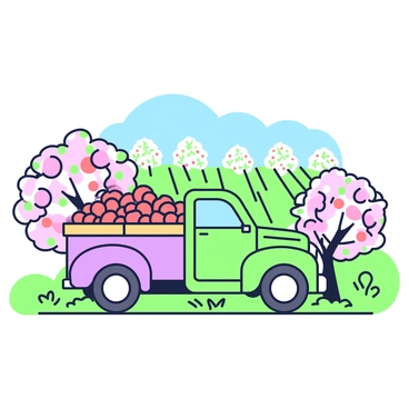 A truck is parked near an orchard filled with blossoming trees. The truck's bed is overflowing with numerous baskets filled with cherries, showcasing vibrant red fruit. The orchard is alive with pink and white blossoms, creating a picturesque setting. Some cherry trees are laden with fruit, while others display delicate flowers. Green grass covers the ground around the truck, and a bright blue sky stretches above. In the distance, rows of cherry trees can be seen, enhancing the sense of harvest season.