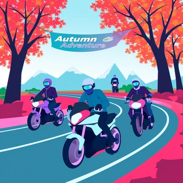 A group of motorcyclists dressed in sleek leather jackets and helmets rides down a winding road. The road is flanked by trees with leaves in vivid shades of red, orange, and yellow, creating a canopy of autumn foliage. Sunlight filters through the branches, casting dappled light on the asphalt. In the background, distant mountains are visible, their peaks dusted with hints of early snow. The motorcyclists are in various poses, some leaning into the turns, while others hold a steady course, fully immersed in their ride. "Autumn Adventure" is written on a banner strung between two trees overhead.