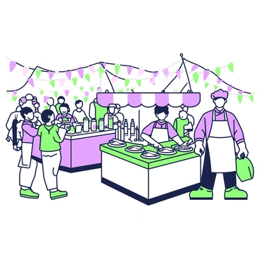A vibrant seafood festival is taking place in a bustling open area. Multiple stalls are lined up, each decorated with green-and-purple outlines. One stall is prominently selling various herring dishes, with platters displaying herring prepared in different styles, such as fillets, salads, and smoked. A chef is standing behind the stall, skillfully preparing herring while wearing a white apron and a hat. Nearby, another stall features local drinks, showcasing bottles filled with colorful beverages. People of various ages are mingling around the stalls, enjoying the atmosphere, and sampling different dishes. Festive decorations, including banners and string lights, enhance the lively scene.