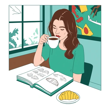 A teal woman named "Martha Olivia" with long brown hair is sitting at a small table in an artsy cafe. She is holding a white coffee cup with both hands, bringing it to her lips. The table has an open sketchbook in front of her, filled with various pencil drawings. Sunlight streams through a nearby window, casting shadows on the table. On the table, there is also a small plate with a yellow croissant beside the sketchbook. The cafe has colorful artwork on the walls, creating a vibrant atmosphere.