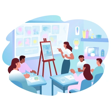 A teacher evaluating student illustrations in a colorful art classroom