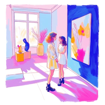 A woman with shoulder-length curly hair is standing in a minimalist art gallery. She is wearing a fitted white dress and black ankle boots. Her expression is one of contemplation as she admires a large canvas painting with simple lines and colors. The gallery walls are painted in a soft shade of gray, and there are a few abstract sculptures placed strategically around the room. Natural light filters through large windows, highlighting the artwork and creating subtle shadows on the floor.