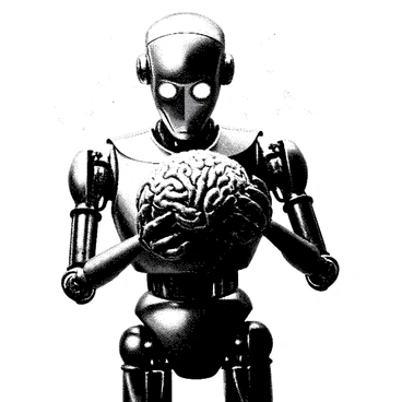 A robot holding a brain that is sparking with electricity
