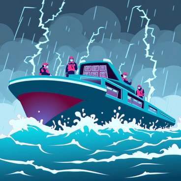 A group of determined operators on a futuristic ship, skillfully navigating through tumultuous, stormy seas. The vessel is equipped with advanced navigation instruments, glowing displays, and reinforced hulls. Rain lashes against the ship's surface while high waves crash against the sides, sending sheets of water spraying into the air. Lightning flashes illuminate the dark clouds overhead, creating stark contrasts in the scene. The operators are focused, wearing high-tech gear, and working together to maintain control of the ship amidst the chaos of the storm.