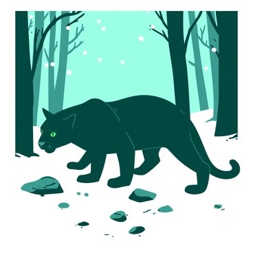 A teal panther with a sleek black coat is crawling through a snow-covered forest. The panther's body is low to the ground, blending with the white surroundings while its sharp green eyes are focused ahead. Snowflakes are gently falling from the branches of tall trees, creating a contrast against the dark silhouette of the panther. The forest floor is blanketed in thick white snow, with patches of dark rocks visible beneath the surface.