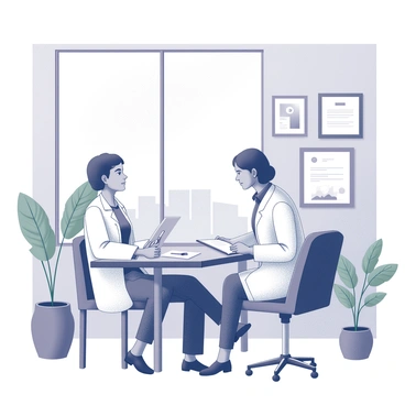 A doctor wearing a white coat is seated at a desk, facing a patient who is sitting across from them. The doctor is listening attentively, with a clipboard in one hand and a pen in the other, ready to take notes. The office features a large window letting in natural light, with green plants placed in the corners, adding a touch of warmth. There are framed medical certificates and calming images on the walls, and a cozy chair beside the desk indicates a welcoming atmosphere. A stethoscope is resting on the desk, indicating the medical profession.