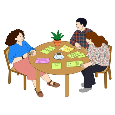 A doula with curly hair and wearing a blue blouse is sitting at a round wooden table. Across from her are a couple, the woman with long brown hair and a floral dress, and the man with short black hair and a plaid shirt. They are engaged in a lively discussion, leaning over a table covered in colorful notes and diagrams. The notes are in various shades of yellow, pink, and green, filled with bullet points and doodles. The diagrams include visuals of birthing positions and flowcharts outlining the birth plan. On the table, there is also a cup of tea and a small plant in a pot, adding a touch of greenery to the scene. The atmosphere reflects a supportive and collaborative environment.