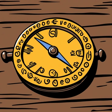 An ancient compass with a circular brass body and intricate engravings covering its surface. The compass face features a delicate needle pointing north, surrounded by ornate designs of constellations and nautical symbols. The background is textured with an aged wooden tabletop, adding to the sense of mystery. Soft shadows play across the compass, highlighting its detailed craftsmanship and creating an inviting yet enigmatic atmosphere.