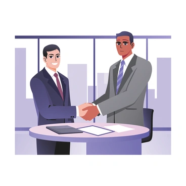 A digital flat illustration depicting two brokers shaking hands in agreement. The broker on the left has light skin and is wearing a dark blue suit, a white shirt, and a maroon tie. The broker on the right has medium skin and is wearing a gray suit, a light blue shirt, and a patterned tie. They are standing in a modern corporate office with a large glass window that shows a cityscape in the background. A round conference table with documents and a laptop is visible to the side. The atmosphere conveys a sense of professionalism and success.