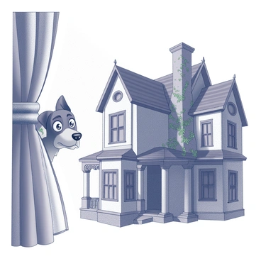 A frightened dog is partially visible, peeking through a set of sheer curtains. The dog has wide, expressive eyes filled with concern, and its ears are perked up, indicating tension. The background reveals an old, dilapidated haunted house with jagged edges and a crumbling facade. Shadows are cast across the windows, adding to the overall atmosphere of unease. The house has a crooked chimney and overgrown vines creeping up its sides, enhancing the spooky setting.