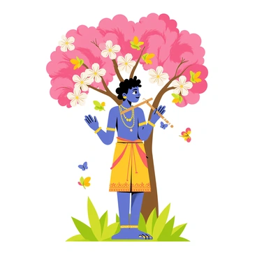 A young Lord Krishna with dark blue skin is standing under a large, blooming tree with vibrant pink and white flowers. He has playful, curly black hair and is wearing a traditional yellow dhoti adorned with intricate patterns. In his hands, he is holding a wooden flute, bringing it to his lips as if playing a melodious tune. Surrounding him, colorful butterflies flutter around, and a few small birds are perched on the branches of the tree, listening to his music. The scene is filled with lush greenery and a bright blue sky in the background.