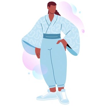 A person is wearing a unique outfit that combines a traditional Japanese kimono with modern streetwear elements. The kimono features intricate patterns in vibrant colors, draping elegantly over the body. The sleeves of the kimono are wide and flowing, while the underneath layers consist of contemporary fitted clothing, such as tapered cargo pants. Sneakers are worn on the feet, incorporating urban style. A sleek belt cinches the waist, accentuating the fusion of styles. The background consists of abstract shapes in gradient pastel colors, enhancing the overall visual appeal of the outfit.