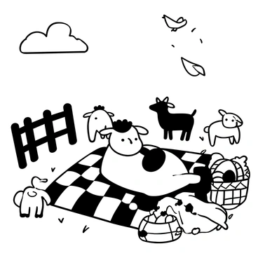 A two-headed calf lying on a checkered picnic blanket, surrounded by various farm animals. There are a sheep and a goat sitting nearby, munching on grass, while a pig is playfully rolling in the grass. An open picnic basket filled with fruits and sandwiches sits next to the calf. Birds are perched on a nearby fence, and fluffy clouds are scattered across the sunny sky above.