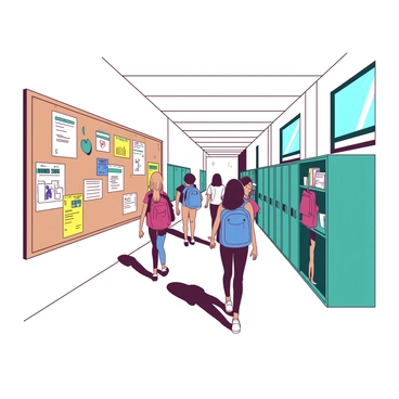 A white school hallway features a large corkboard mounted on the wall, covered with colorful student announcements and event notices. The board is filled with papers, flyers, and photographs, showcasing various school activities and achievements. Nearby, there are lockers painted in a teal color, some slightly open with books and school supplies visible inside. Natural light streams in through nearby windows, illuminating the hallway and creating a vibrant atmosphere. Students are walking past, engaged in conversation and carrying backpacks.