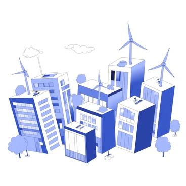 Small wind turbines are installed on the rooftops of several city buildings. Each turbine features sleek, aerodynamic blades that spin gently in the wind. The buildings are modern, with large glass windows and a mix of concrete and steel facades. The turbines are positioned strategically to minimize their visual impact while still harnessing energy. Surrounding the buildings are some trees and green spaces that enhance the urban environment. In the background, a clear sky provides a contrast to the cityscape. The overall scene showcases the integration of renewable energy technology within an urban setting.