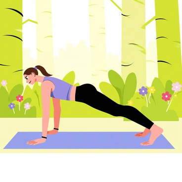 A woman performing a side plank on a light blue yoga mat positioned on a forest floor. She has long brown hair tied back in a ponytail and is wearing a fitted purple tank top and black leggings. Sunlight filters through the tall green trees surrounding her, casting dappled shadows on the mat. Various shades of green foliage create a vibrant background, and a few colorful flowers peek through the underbrush nearby. The woman's expression is focused as she maintains her balance in the yoga pose.