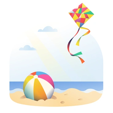 A bright, multicolored beach ball is lying on the sandy shore, partially buried in the fine grains of sand. Next to it, a vibrant kite with a long, colorful tail is gently fluttering in the wind. The kite is soaring high above, displaying its bold patterns, while the tail dances gracefully, creating a lively scene. The background features gentle waves lapping at the shoreline, and a clear blue sky overhead. The sun is shining, casting warm light over the entire scene.