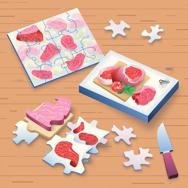 A jigsaw puzzle is laid out on a wooden table, featuring pieces shaped like various beef cuts. There are pieces resembling ribeye, sirloin, and filet mignon, each depicted in rich, realistic colors. Some pieces show marbling details, while others highlight the lean texture of the cuts. The pieces are not yet assembled, with a few scattered around, and the completed image on the box shows a beautifully arranged display of these beef cuts on a rustic cutting board. A small, sharp knife rests next to the puzzle, hinting at the culinary theme.