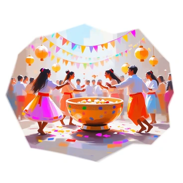 A vibrant festival scene showcasing a diverse group of people joyfully dancing around large, ornate koffers. The koffers are intricately decorated with colorful patterns, serving as the central focal point of the celebration. Various participants are dressed in bright, traditional attire, representing different cultures. In the background, decorative banners and lanterns hang, adding to the festive atmosphere. The ground is adorned with colorful flowers and confetti, enhancing the lively spirit of the event. Laughter and energy fill the air as the dancers celebrate together.