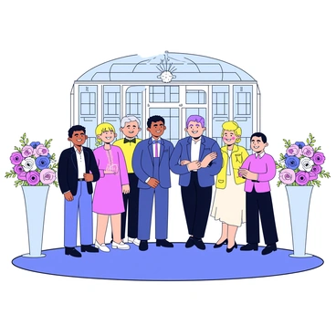 A group of people from the groom's family is standing at the entrance of the wedding venue. They are all smiling and dressed in formal attire. Some family members are wearing dark suits while others have elegant dresses in various colors. The entrance is adorned with decorative floral arrangements on either side, adding a festive touch. There is a guestbook table nearby where guests can sign in. In the background, the venue is a large building with beautiful architecture.