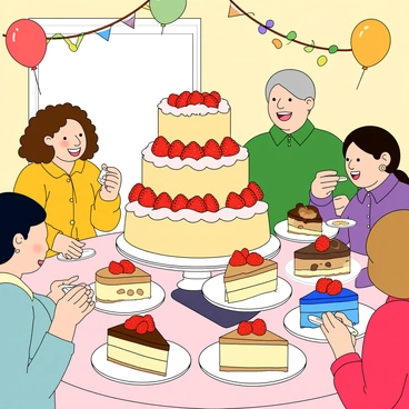 A lively party scene featuring a large table filled with an assortment of cheesecakes in different flavors, including strawberry, chocolate, and blueberry. Several guests are scattered around the table, each holding small plates with slices of cheesecake. One guest, a woman with curly hair wearing a yellow dress, is smiling as she takes a bite of a raspberry cheesecake. Another guest, a man in a green shirt, laughs while discussing desserts with a friend. Colorful streamers and balloons are hanging from the ceiling, adding to the festive atmosphere. A large cake stand in the center showcases a tall, frosted cheesecake topped with fresh fruit.