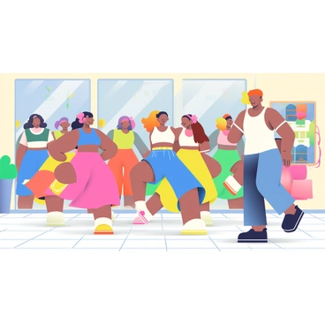 A group of dancers is performing high knees as part of a choreographed dance routine in a colorful dance studio. The studio features large mirrors along one wall, reflecting the vibrant energy of the performance. The dancers are dressed in various brightly-colored outfits, including neon pink, electric blue, and sunny yellow. The wooden floor is polished and smooth, enhancing the lively atmosphere of the scene. Colorful decorations, such as streamers and posters, adorn the walls, adding to the cheerful ambiance of the studio. A dance instructor is guiding the dancers, demonstrating the high knees with clear enthusiasm.