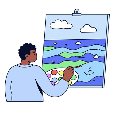 A painter is standing in front of a canvas, creating an ocean landscape. The painter is using a palette filled with various shades of blue and green, incorporating microplastics as pigments. The ocean depicted on the canvas shows gentle waves with a mix of vibrant colors that reflect sunlight. There are small white details representing foam on the waves. In the background, a clear sky with a few fluffy white clouds is visible. The painter is focused on blending the colors to accurately represent the ocean's depth and movement.
