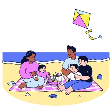 A family enjoying a picnic on a sandy beach. The family consists of four members, sitting on a checkered picnic blanket. A basket filled with fruits and sandwiches is placed beside them. In the background, a colorful kite is soaring high in the sky, catching the breeze. The ocean waves gently lap at the shore, and there are a few seashells scattered on the sand near the family.