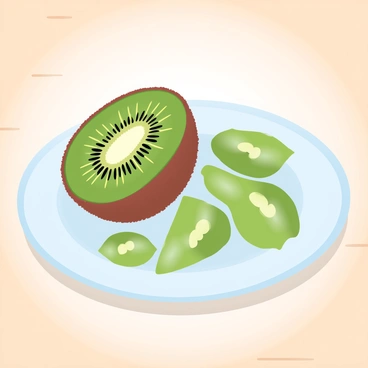 A whole kiwi sits on a white ceramic plate, next to several neatly sliced pieces arranged in a circular pattern around it. The kiwi is vibrant green with a fuzzy brown exterior. The sliced pieces showcase their bright green flesh and tiny black seeds, reflecting a glossy sheen. The plate rests on a light-colored wooden table, creating a warm contrast with the fresh, colorful fruit.