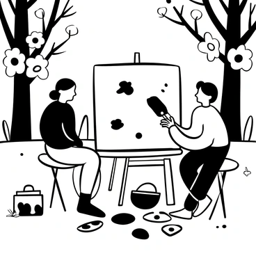 Two best friends are painting on a large canvas set up in a sunny backyard. One friend is holding a paintbrush and applying bold strokes of paint to the canvas, while the other is mixing colors on a palette. Around them, there is a variety of paint containers scattered on a table, and brushes of different sizes are lying on the grass. Splashes of paint are visible on the ground and on the canvas, showcasing their creative process. In the background, there are tall trees casting dappled shadows, and a few blooming flowers adding to the lively scene.