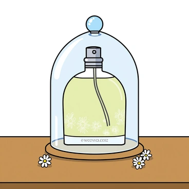 A delicate glass perfume bottle with intricate floral patterns etched into its surface stands on a polished wooden table. The bottle has a slender neck and a shiny silver cap. It is elegantly presented under a dainty glass cloche, which is clear and shaped like a bell. The cloche has a small round handle on top for easy lifting. Soft light reflects off the glass surfaces, creating subtle highlights. A few small flowers are scattered around the base of the cloche, adding a touch of charm to the display.