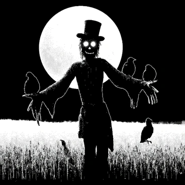 A scarecrow is standing tall in a vast field under the light of the moon. The scarecrow has a tattered hat perched on its head and ragged clothing hanging from its frame. Its eyes are glowing brightly, creating an eerie contrast against the dark surroundings. Surrounding the scarecrow are several crows perched on the ground and on its outstretched arms, their silhouettes sharp against the moonlight. The grass in the field is tall and slightly sways in the night breeze, adding a sense of movement to the scene.