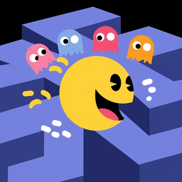 Pac-Man is a bright yellow circular character with a large mouth, actively moving through a maze filled with blue pathways. He is being chased by a group of colorful ghosts, including a pink ghost, a blue ghost, a red ghost, and an orange ghost. Each ghost has distinct features, with large eyes and varying expressions of pursuit. The scene is filled with energy as Pac-Man darts around a corner, leaving a trail of small white pellets behind him. The background consists of dark blue walls of the maze, adding contrast to the vibrant colors of the characters.