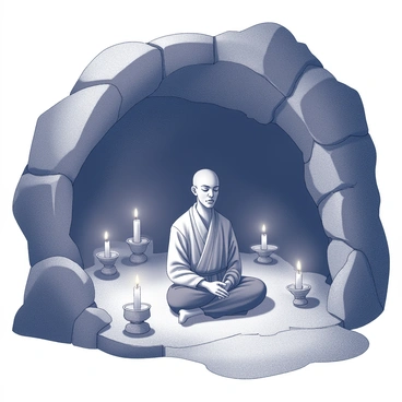 A cave interior with rough, textured walls and a dark, rocky floor. In the center, there is a sage seated in a cross-legged position, wearing simple robes. The sage has a calm expression, eyes closed in deep meditation. Surrounding the sage are several flickering candles placed on small stone ledges, casting delicate shadows on the cave walls. The atmosphere is tranquil, emphasizing the stillness of the sage amidst the soft light from the candles.
