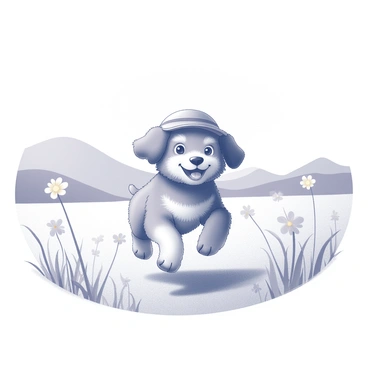 A playful puppy is seen running energetically across a field. The puppy is wearing a small explorer's hat that sits snugly on its head. The field is dotted with whimsical flowers and tall grass swaying in a gentle breeze. In the background, there are rolling hills that add depth to the landscape. The scene captures the joyful movement of the puppy as it dashes through this enchanting environment.