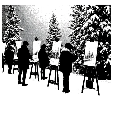 A winter festival scene is depicted with various artists engaged in painting snowy landscapes. There are several easels set up, each displaying different snowy scenes. The artists are wearing warm clothing, such as coats, scarves, and hats. Snowflakes fall gently around them, creating a festive atmosphere. Trees in the background are covered with snow, and there are decorative lights strung between them. In the foreground, one artist is focused on their canvas, while another is mixing paint on a palette. The ground is blanketed with a thick layer of snow, and footprints lead through the scene.