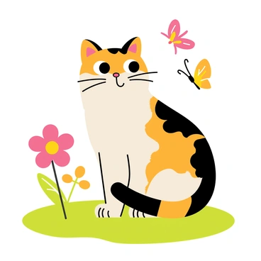 A cartoon-style illustration of a cat featuring intricate fur details. The cat has large expressive eyes with a playful glint and vibrant colors in its fur that blend shades of orange, black, and white. Its ears are perked up, and it has a small pink nose. The background includes a whimsical depiction of a sunny garden with colorful flowers and butterflies fluttering nearby. The cat is sitting on a green patch of grass, gazing curiously at a fluttering butterfly.