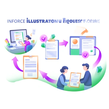 A modern pastel illustration depicting the process of an "Inforce Illustration Request Form." At the top, there are the words "Inforce Illustration Request" in clear, bold letters. Below, an illustrated sequence shows a person filling out the form at a desk, surrounded by colorful stationery. Next, an arrow points to a computer screen displaying a digital version of the form being submitted. Following this, another arrow highlights a clipboard with a checkmark, symbolizing approval. Finally, an image of a printed illustration being handed to another person is shown, representing the completion of the process. Each step is visually connected with arrows to emphasize the workflow.