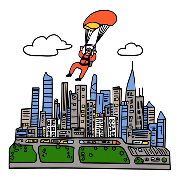 A skydiver with a jumpsuit and a helmet gently descending above a sprawling cityscape. Below, a variety of skyscrapers with glass facades glistening in the sunlight can be seen. The city is filled with green parks and busy streets, showcasing a mix of architectural styles. The sky is clear with a few fluffy clouds, creating a vibrant backdrop for the scene. The skydiver's parachute is unfurled behind them, adding a splash of color to the image as they glide gracefully towards the ground.