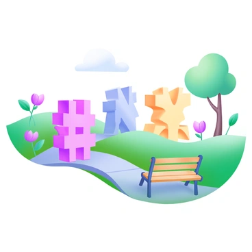 A modern pastel illustration of a park featuring large, abstract sculptures shaped like "#". The park is filled with vibrant green grass, and the sculptures are positioned throughout, each painted in different pastel colors such as pink, blue, and yellow. There are benches made of smooth wood and a paved walkway meandering through the space. In the background, there are a few blooming flowers and trees with soft, rounded canopies. A clear sky above adds to the serene atmosphere of the park.