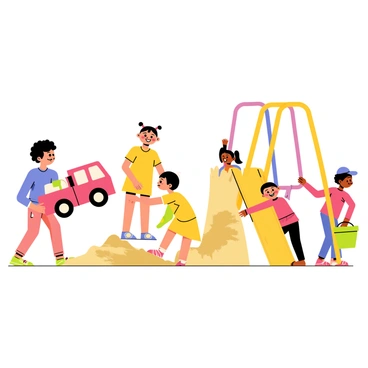 A colorful playground filled with children playing together. One child with curly brown hair is handing a bright red toy truck to a girl with pigtails wearing a yellow dress. Nearby, a boy wearing a blue cap is building a sandcastle with a green bucket and shovel, while another girl slides down a yellow slide, laughing. A colorful swing set is in the background, with a few children taking turns swinging. The scene captures the happiness of sharing and friendship among the children.
