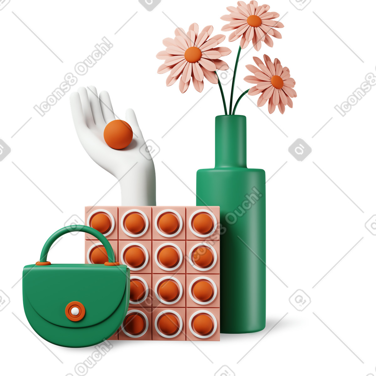 Fiori in vaso, cioccolatini e borsa illustrazione in stile 3D Plastic people scarica in PNG, SVG