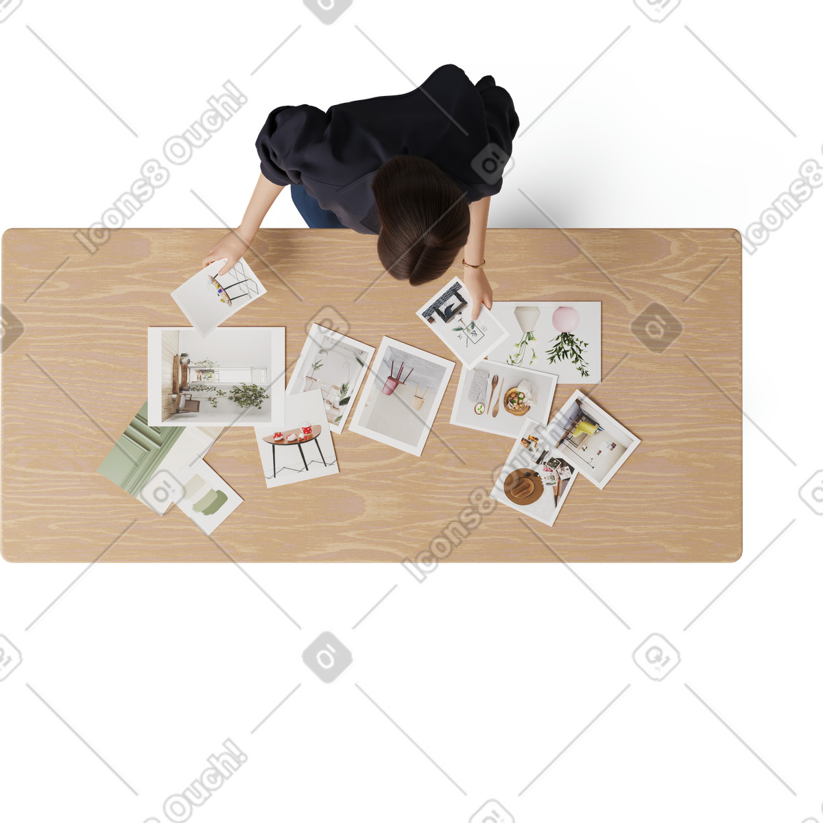 Top view of young woman going through photos-Illustration im 3D Hygge-Stil als Download in PNG, SVG