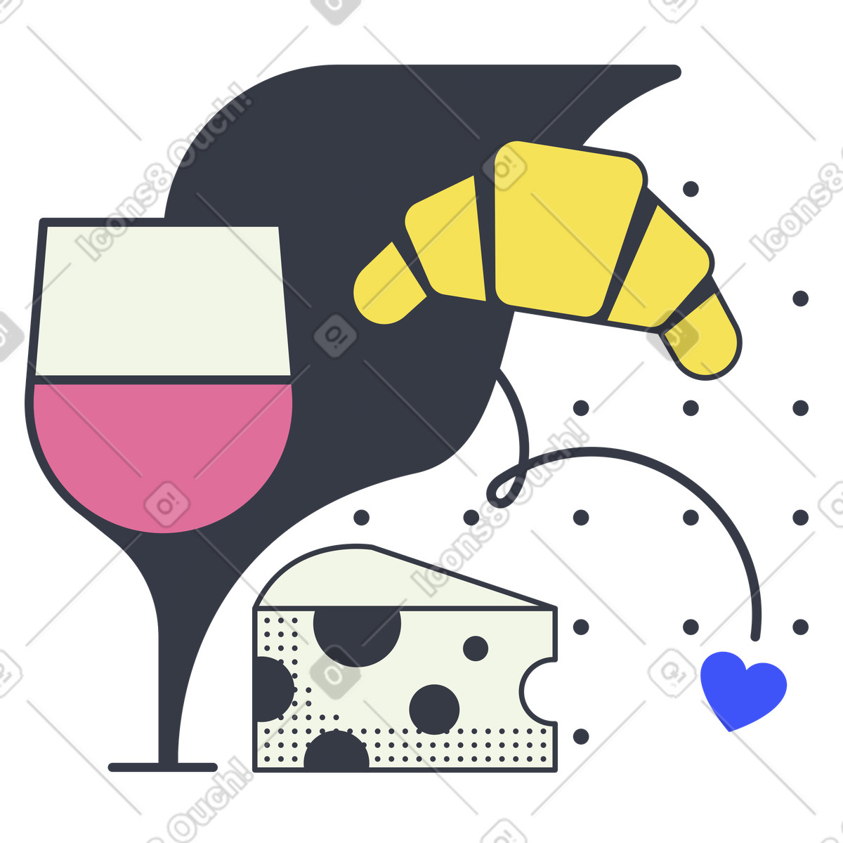 Französische küche. ein glas wein, käse und croissant-Illustration im Abstract-Stil als Download in PNG, SVG